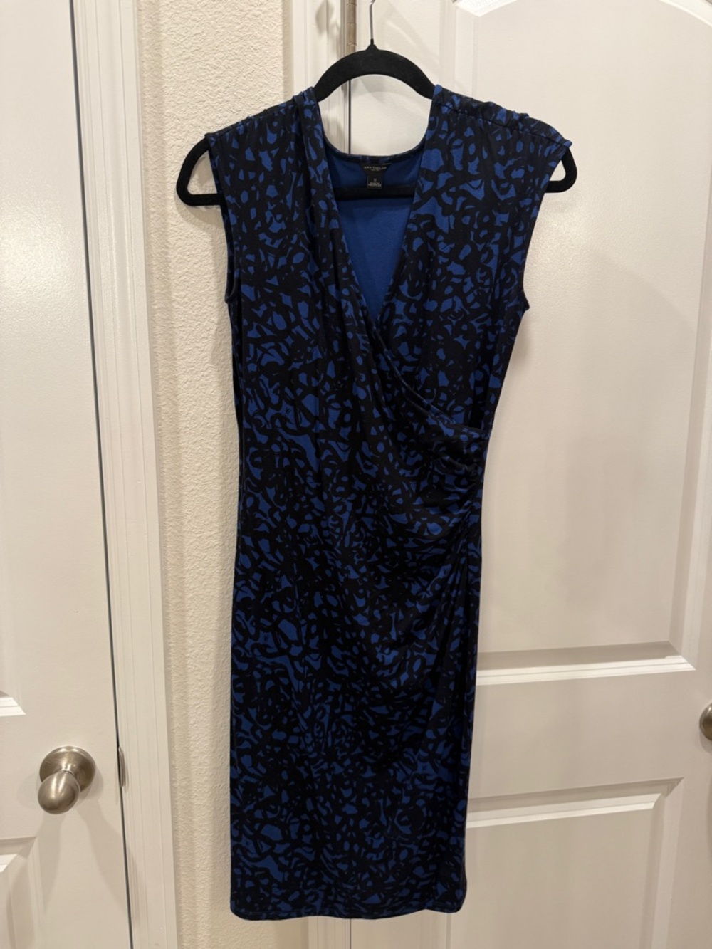 Ann Taylor Sleeveless Blue and Black Wrap-Style Sheath Dress